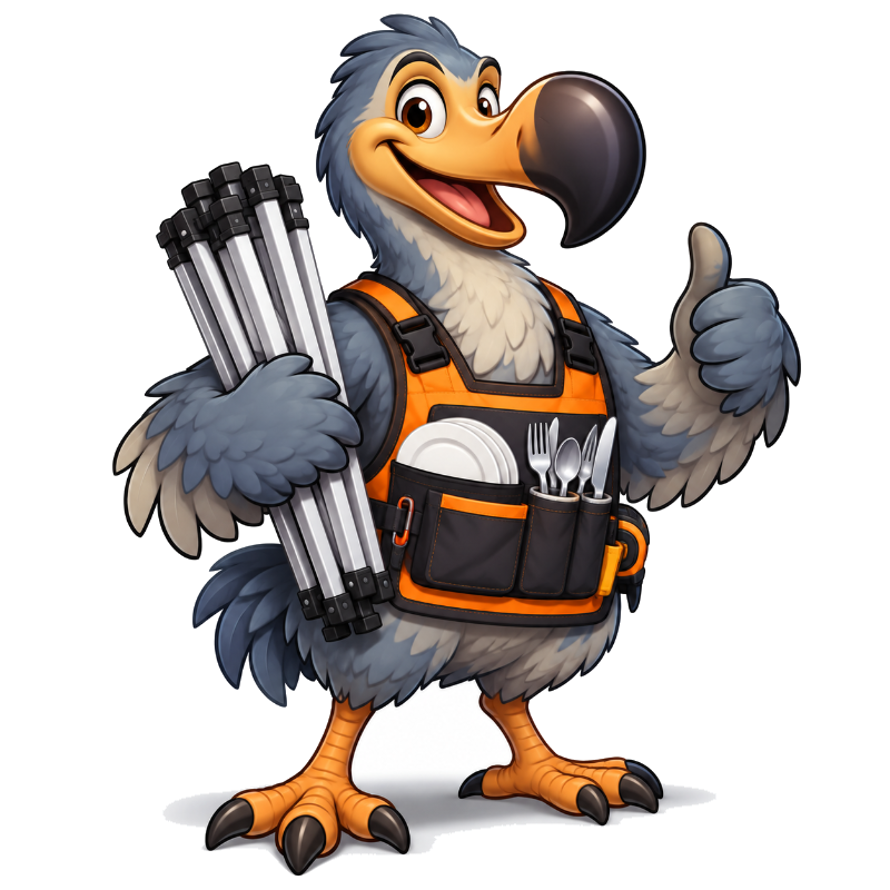 Dodo, the Dodo Event Hire crew mascot, carrying tent poles
